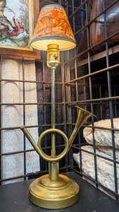 Vintage Table Lamp Brass Hunting Horn with Small Hunt Lampshade – 1960s - Picture 1 of 7