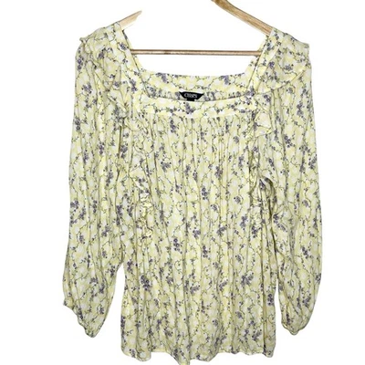 Butter Yellow Floral Ruffled Top Womens Size L Chaps Peasant Cottagecore Pastel - Image 1 of 4