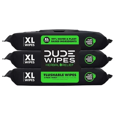 DUDE Wipes Flushable Wipes 3 Pack (144 XL Wipes) Herbal Relief - Image 1 of 4