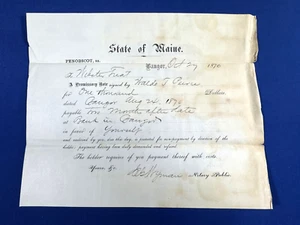 1870 State of Maine Promissory Note Waldo Pierce $1000 to Webster Treat, Bangor - Picture 1 of 5