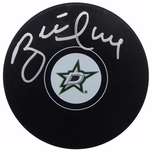 BRETT HULL AUTOGRAPHED SIGNED STARS LOGO PUCK IN SILVER BECKETT BAS 152349 - Picture 1 of 3