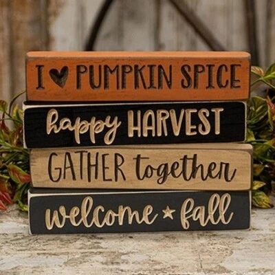 New Primitive PUMPKIN HARVEST Signs 4 ASSORT 9"W Distressed Engraved FALL Wood - Image 1 of 4