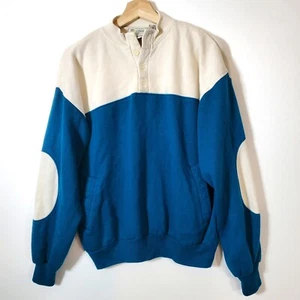 Vintage 90er H. Valentino Herren Gr. M türkis elfenbein Henley Sweatshirt Pullover Ellenbogen Patch - Bild 1 von 9