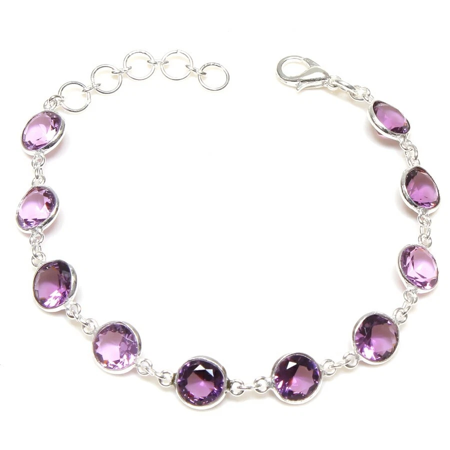 Purple Amethyst Gemstone Handmade 925 Sterling silver Bracelet Size 7-8'' - Image 1 of 1