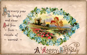 Vintage Postkarte A Happy Birthday Baum Bach Kirche - Bild 1 von 2