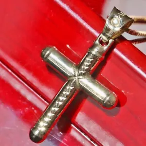 10k yellow gold pendant 0.03ct white topaz 1.30" diamond cut 2-sided cross 1.3gr - Picture 1 of 12