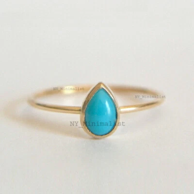 Anillo Turquesa Forma Pera Natural Oro Sólido 14K Anillo Piedra Natal Diciembre Foto 1 de 4