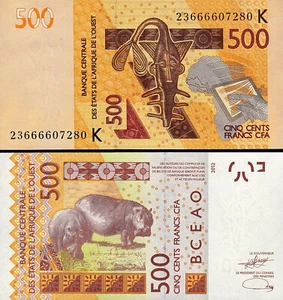 WEST AFRICAN STATES-SENEGAL 500 FRANCS 2012 UNC PAIR OF HIPPOPOTAMI,SAW FISH SHA - Picture 1 of 1