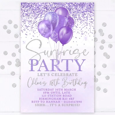 SUNSHINE PARTY UK Personalised Surprise Party Invitations, Lilac Silver, Girly 18th 21st 40th 50th