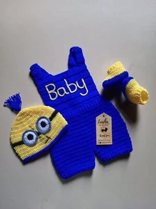 Hand Made Crochet Soft wool Baby Boy Romper Jump Costume Blue Kit short sleeve - Picture 1 of 6