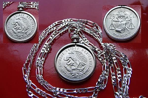 MEXICAN SILVER Eagle & Snake Coin Pendant 28" 925 Sterling Silver Chain & Bezel - Picture 1 of 9
