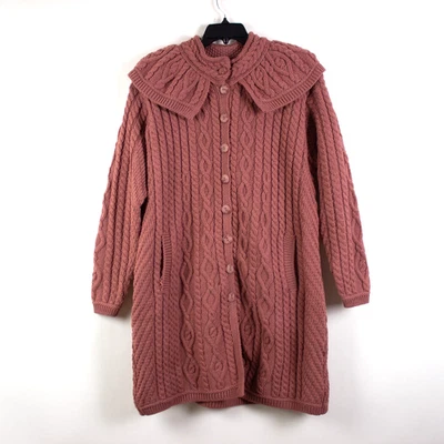 Aran Crafts 爱尔兰 100% 美利奴羊毛电缆针织长款开衫外套 XXL 粉色玫瑰 — 第 1/4 张图片