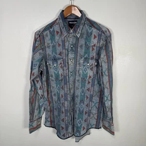 Vintage Wrangler Brushpopper Shirt Men’s Large 16-34 Aztec Western 90s USA Tails - Picture 1 of 8