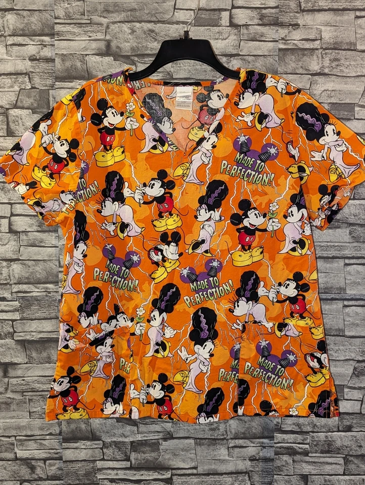 Disney Halloween Scrub Top Mickey Minnie Made To Perfection Orange Womens Size L - Image 1 of 4