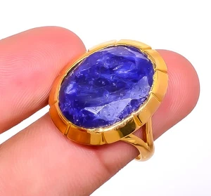 Blue Sapphire (Simulated) Antique Design Yellow Gold Plated Ring s.9.5 R7623-2 - Picture 1 of 4