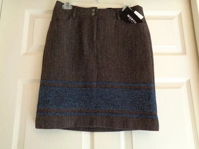 Worth New York Border Stripe Skirt Yarn Dyed Wool Brown & Navy Blue Size 2 NEW - Image 1 of 4