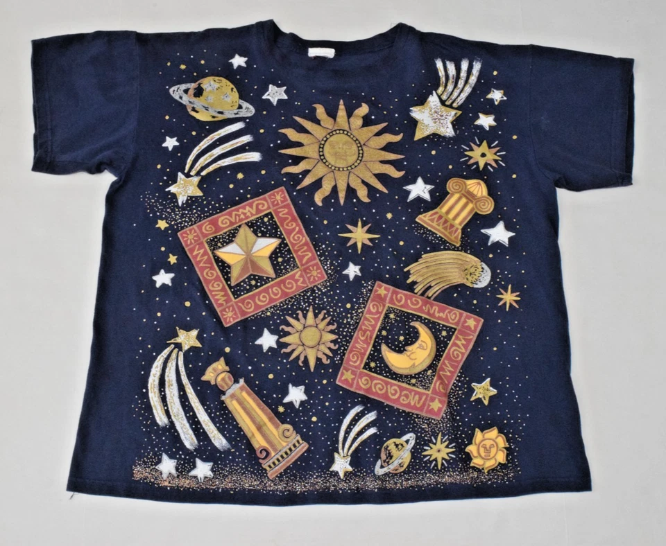 Camiseta De Colección Talla L/XL 90s Azul Marino Universo Celestial Serigrafía en Todas Partes Foto 1 de 4