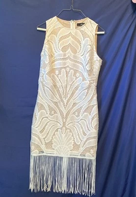 Lulus Fringe Lace Dress Flapper Style Women’s M White With Tan Lining - Image 1 of 4