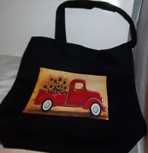 Black Shopping Bag Red Truck Carry Bag Grocery Reusable Sunflower Trucks - Picture 1 of 2
