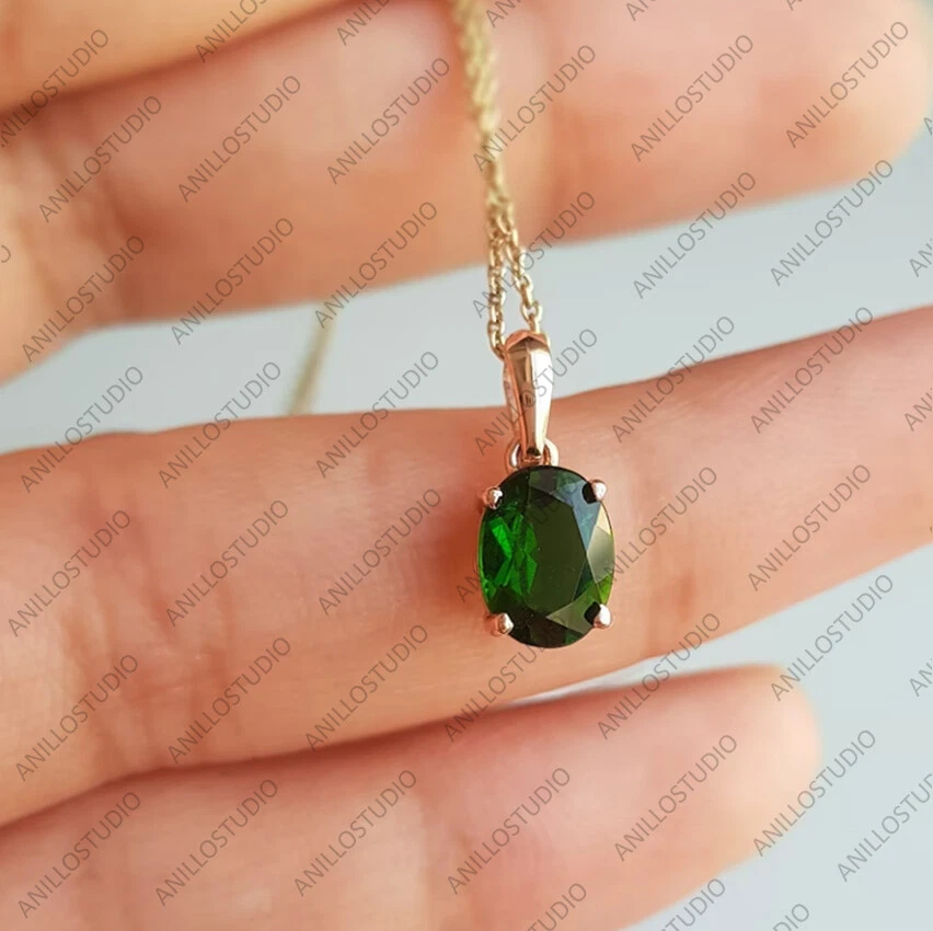 Натуральный хром диопсид драгоценный камень подвеска, кулон зеленый 14k желтое золото - Изображение 1 из 4