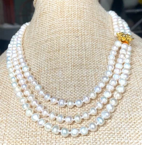 3 Row Natural 6-7MM White Freshwater Cultured Real Pearl Choker Necklace 17-19" - Picture 1 of 12