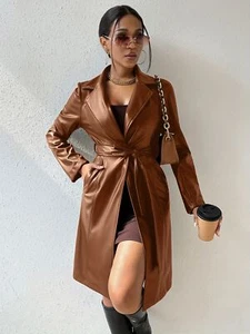 Womens Lether Punk Biker Coat Slim Long Lapel Collar Fit Sexy Long Sleeve Belt - Picture 1 of 14