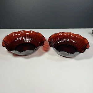 Vintage Ruby Red Glass Bowl Serving Set 2 Scalloped Edge Anchor Hocking - Picture 1 of 7