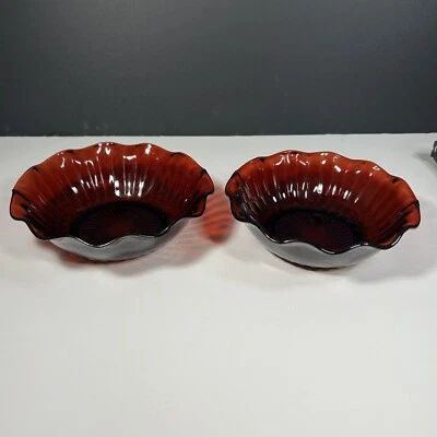 Vintage Ruby Red Glass Bowl Serving Set 2 Scalloped Edge Anchor Hocking - Image 1 of 4
