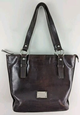 Valentina Italian Leather Purse Large Zip Tote Shoulder Satchel Bag Dark Brown - Image 1 of 4