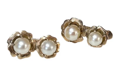 Edwardian 14K Rose Gold 4.8/4.2mm Pearl Flower Earrings Forget Me Not Signed M30 - Image 1 of 4