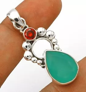 Natural Aquamarine Chalcedony 925 Sterling Silver Pendant 1 2/3" Long @B8-6 - Picture 1 of 1