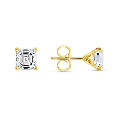 1 Ct Asscher Cut Created Diamond Real 14K Yellow Gold Earrings Stud Martini Push - Image 1 of 3