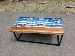 Ocean Epoxy Coffee Table, Live Edge Wooden Table For Center Hallway Decor - Picture 1 of 3