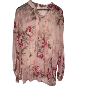 Camicetta Susan Graver donna grande rosa floreale trasparente manica lunga plissettata top - Foto 1 di 7
