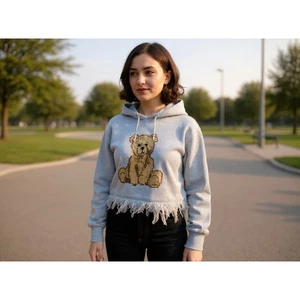 Suéter con Capucha Just Polly New York Oso de Peluche Recortado Envejecido Talla L - Imagen 1 de 5