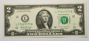 GEM UNC 2017A $2.00 note with 2 digit fancy 6 of a kind serial# L77227777B - Picture 1 of 2