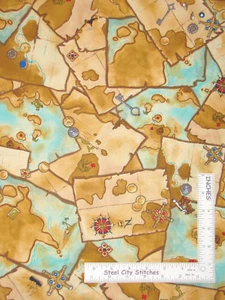 Pirate Treasure Map Island Cotton Fabric Timeless Treasures C2406 30" Length - Picture 1 of 1