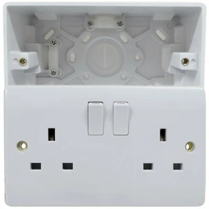 2 Gang 13 Amp Wall Socket with 47mm Surface Mount Pattress Back Box Double Twin - Picture 1 of 8