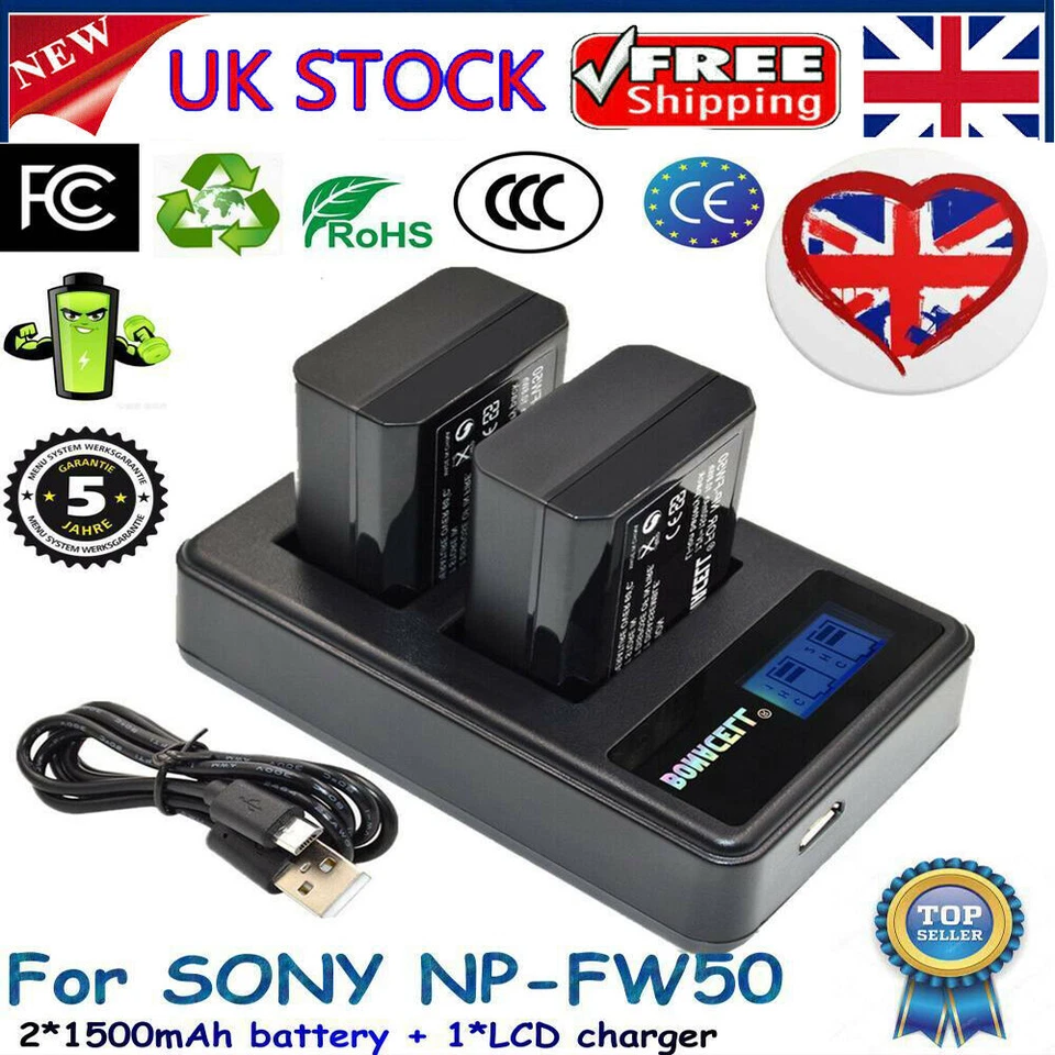 2 Pcs Replace Battery NP-FW50+1*Charger For Sony Alpha A35 A55 NEX-5 NEX-6 NEX-7 - Image 1 of 4