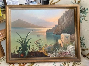 Vintage Estate Original Oil Painting Seascape At Village Signed - Picture 1 of 9