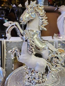 Silver Chrome Crushed Diamond Horse Crystal Ornament Statue Shelf Décor - Picture 1 of 5