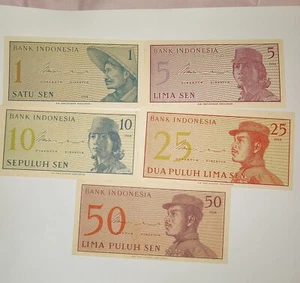 Indonesia Banknote Set 1964 1 5 10 25 50 Bank Note World Currency Lot Of 5 Crisp - Picture 1 of 8