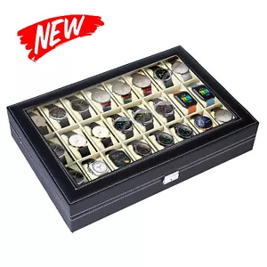 24 Slots Watch Box PU Leather Watch Case Organizer Watch Display Case Lockable - Picture 1 of 18