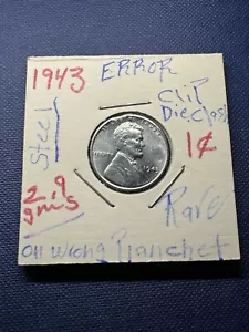 1943 steel Penny Error Clip Die Clash ôn wrong Planchet 2.9 Gms Rare - Picture 1 of 7