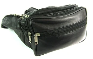 Super Soft Real Leather Black Zip Pouch Bum Bag Money Travel Waist Belt Wallet - Picture 1 of 12