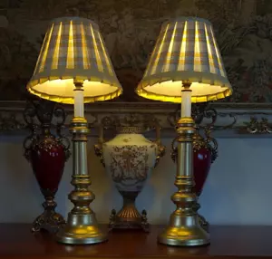 Georgian Antique Style Candlestick / Ecclesiastical Table Lamps + Lampshades - Picture 1 of 18