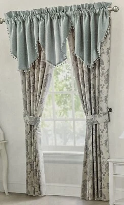 Cortinas Waterford Linens Valerie Sea Blue Poste Top 2 paneles forrados con lazos Foto 1 de 2