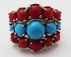 Ladies Turquoise & Coral Sterling Silver Cocktail Statement Ring Size 8