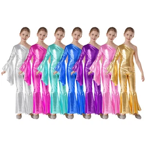 Kids Girls Romper Flare Sleeve Bodysuit One Shoulder Dance Jumpsuit Full Body - Picture 1 of 94