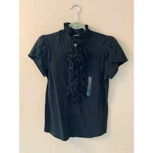 Ralph Lauren Sport Ruffle Blouse Women Sz L Black Mock Neck Short Sleeve Cotton - Picture 1 of 8